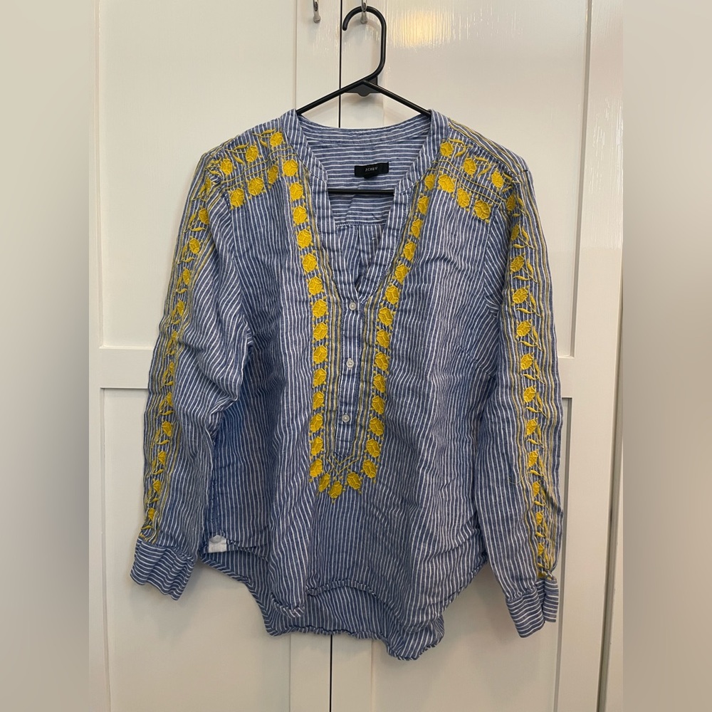 J. Crew linen long sleeve top with embroidery detailing